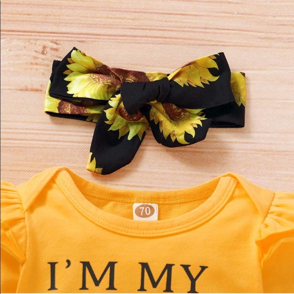 Baby Girls Letter Ruffle Romper+Sunflower Pants+Headband 3PCS Outfit Set - Picture 2 of 7